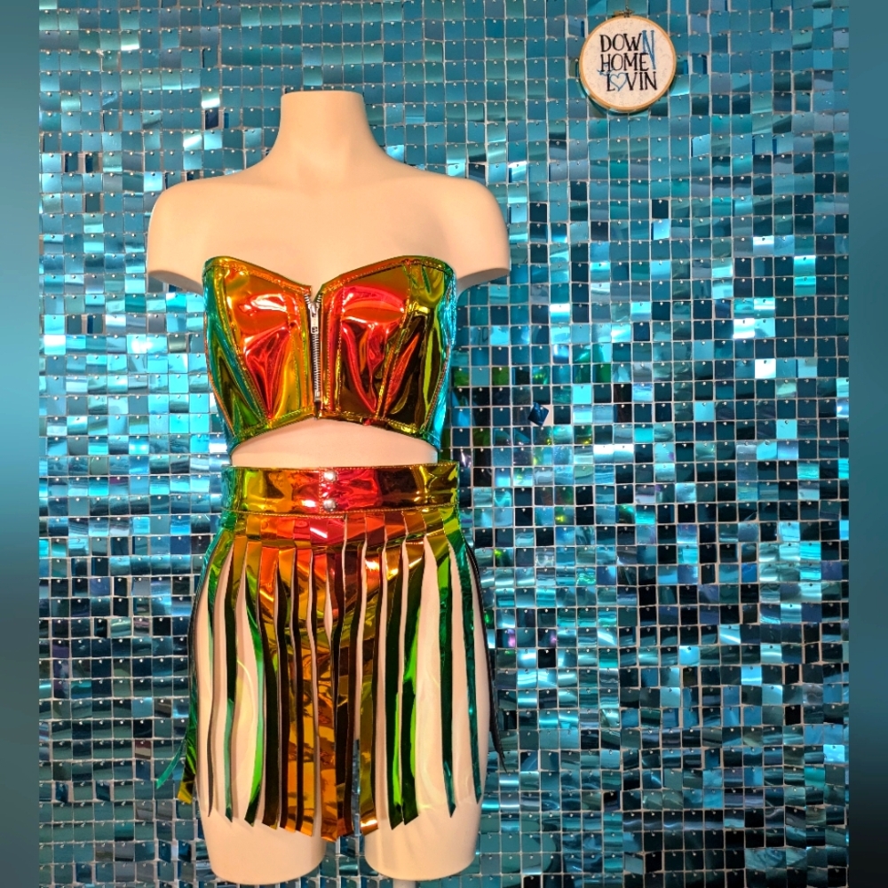 Holographic Strapless Top and Fringe Skirt Set